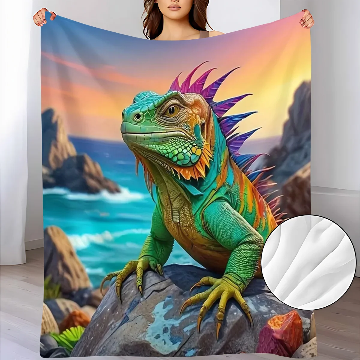 Vividly Colored Chameleon-themed Flannel Throw Blanket, a Soft and Warm Blanket Suitable for Sofas, Home Leisure, Air-conditione