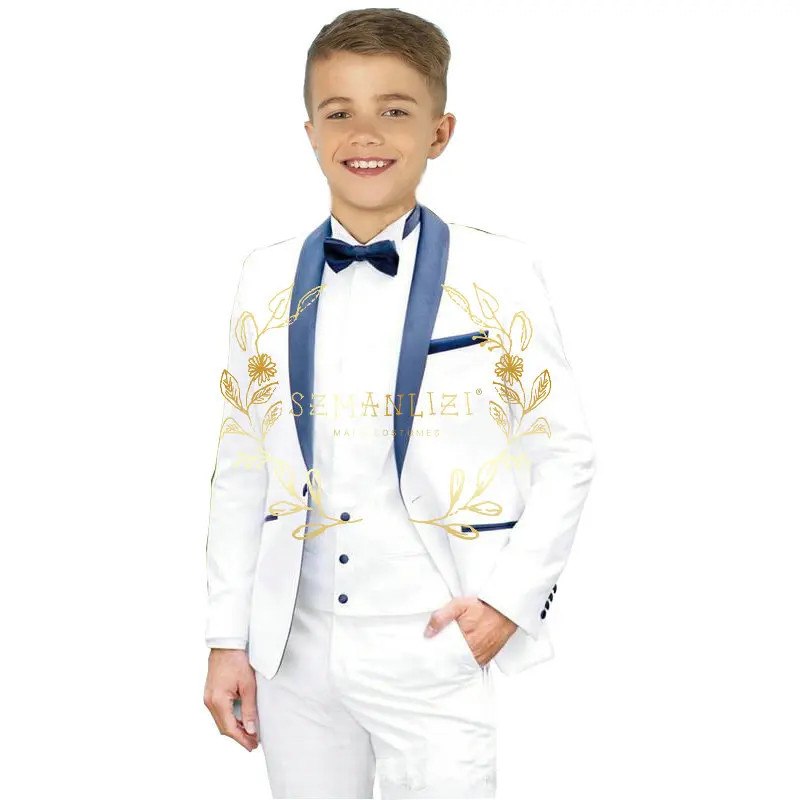 

2023 Boy's Suits 3 Pieces White Wedding Suits For Kid Navy Blue Shawl Lapel Children Formal Party Prom Wear Ensembles De Blazers