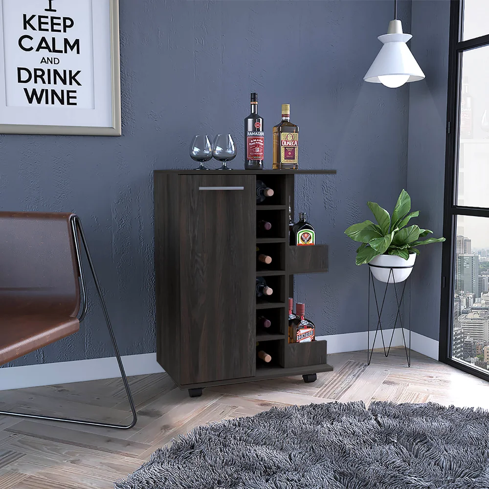 

32" H carbon espresso bar-coffee cart, cabinet storage, with 4 wheels, 1 divided storage with 1 shelf, 1 folding door,