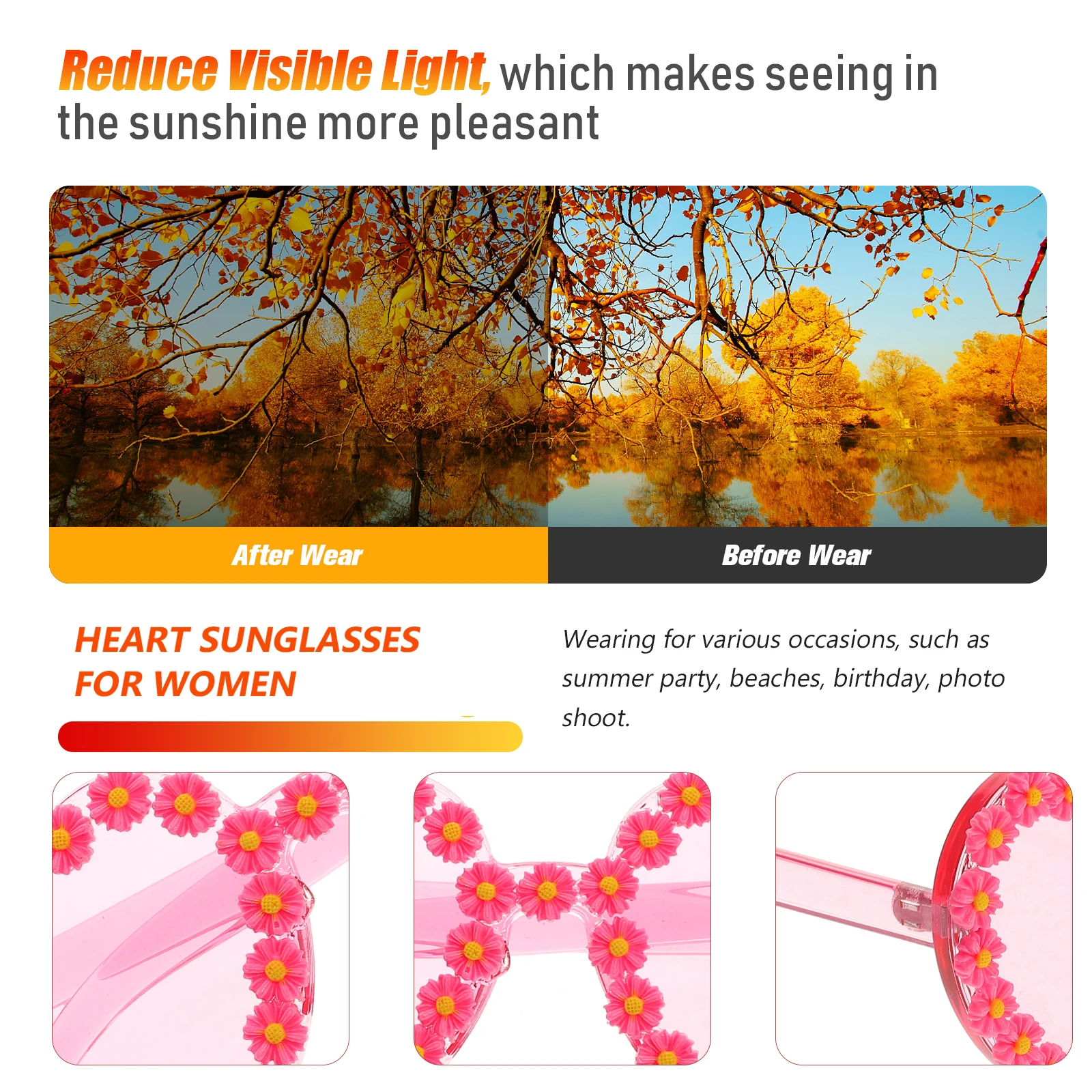 

Heart Shaped Sunglasses Pink Glasses Lightweight Durable Summer Beach Birthday Photo Shoot Outdoor Sun Protection for Women