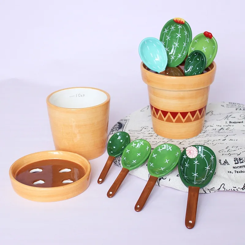 4Pcs Ceramic Measuring Spoons Set with Base Reusable Flower Pot Stirring Soup Spoon Cute Cactus Shape Kitchen Measuring Tools