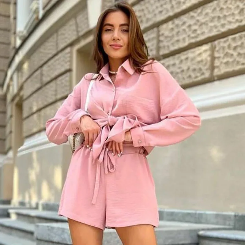 Straße Solide Lose Beiläufige Shorts Outfit Frühling Frauen Tasche Lange Ärmel Hemd + Hohe Taille Spitze Up Shorts Sommer Zwei stück Set