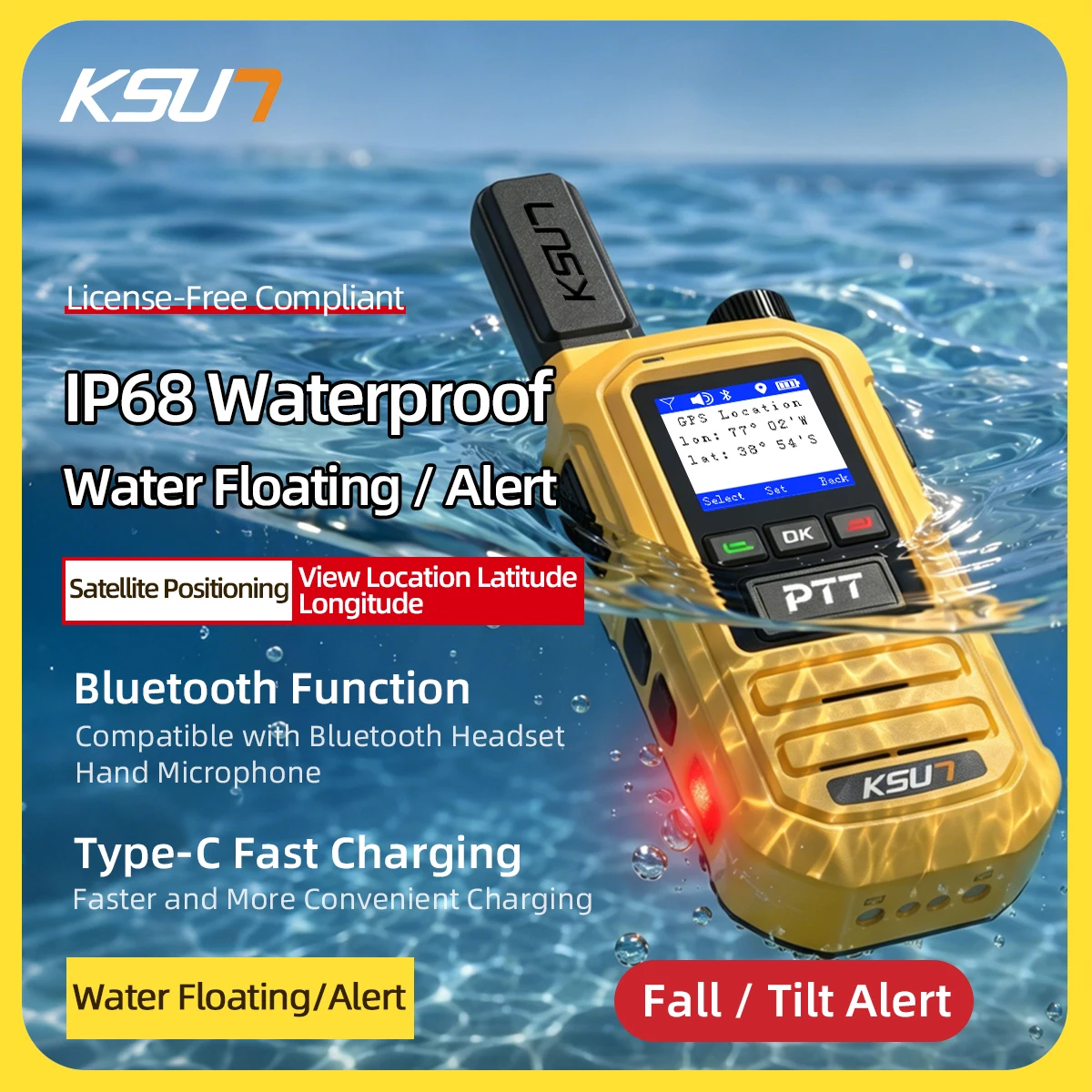 FRS/PMR Professional Walkie Talkie Radio IP68 Waterproof Floating Man Down GPS Tracking LED Screen  Type C Fast Charging