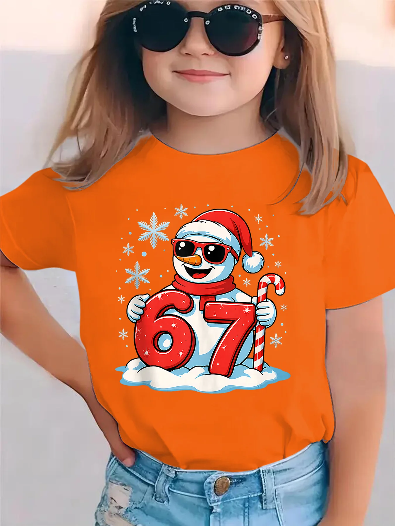 Kids Cool Snowman 67 Candy Cane Graphic Tee Boys Girls Family Matching Short Sleeve Xmas Holiday Cartoon Casual Wear T Shirt