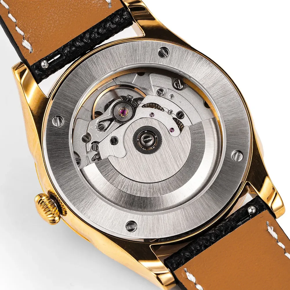 HUASUO New 38mm Business Men Watch Tiger Eye Stone Dial SW200 Automatic Mechanical Gemstone Wristwatch Sapphire Waterproof 50m