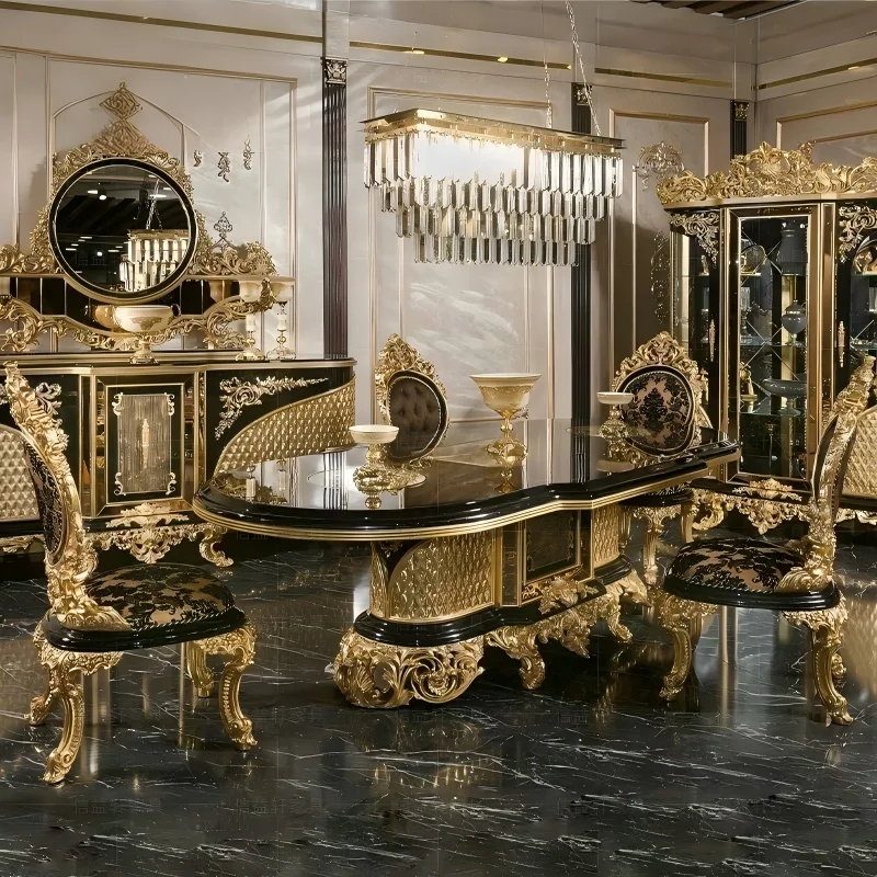 ^French-style Classic Solid-wood Carved Long Dining Table Set High-end Custom Upholstered Dining Chairs Gold Leaf Home Furniture