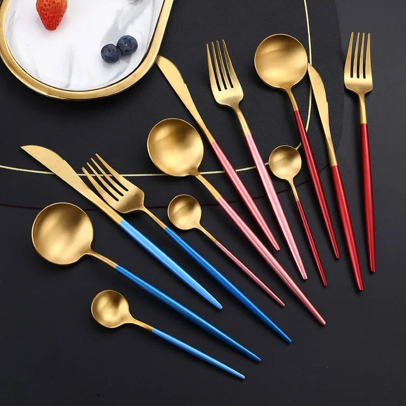 24Pcs Matte Gold Cutlery Set 18/10 Stainless Steel Luxury Round Handle Dinnerware Steak Knife Fork Spoon Kitchen Food Tableware