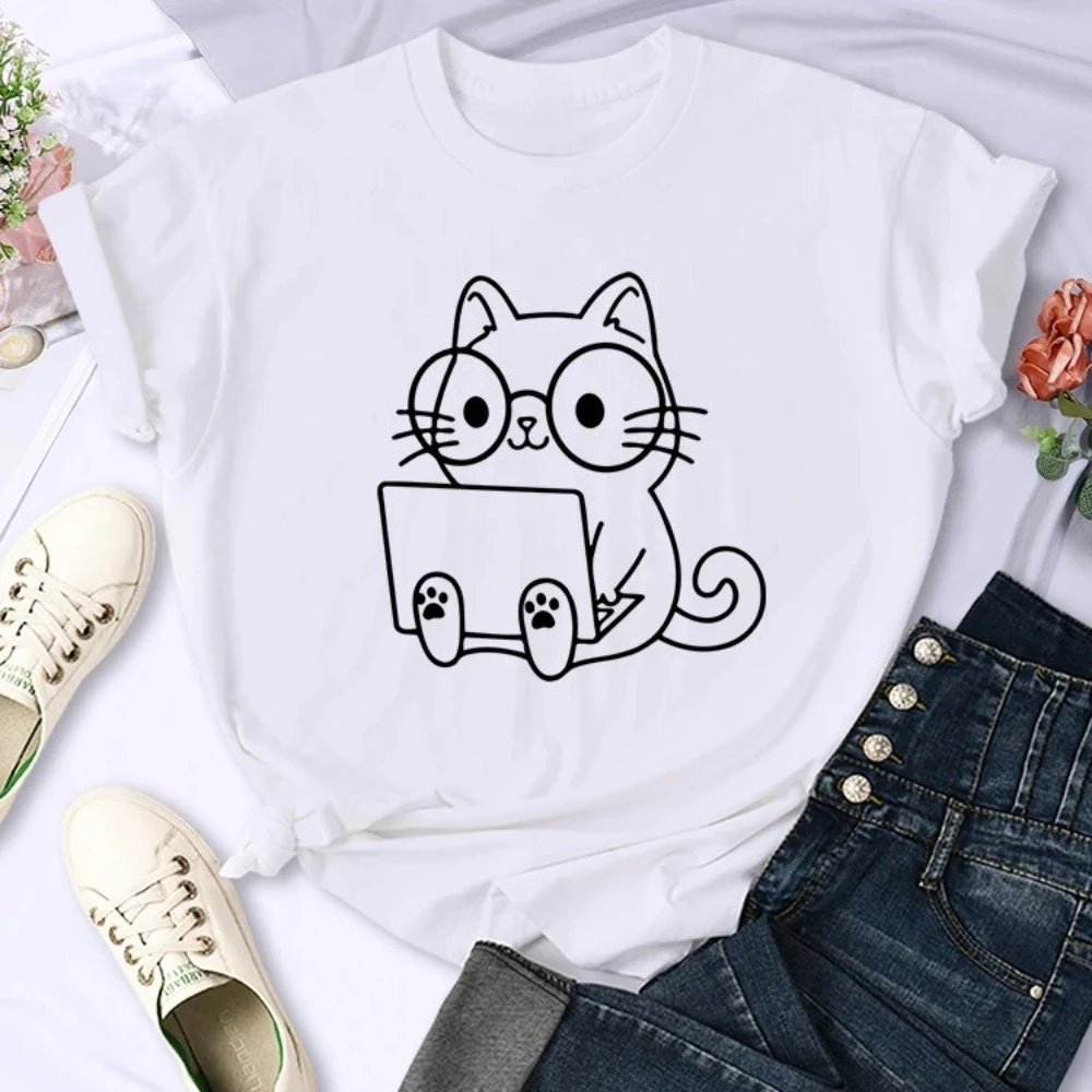 Careful Study of Work Cat Sketches Women Tee Personality Trend Casual Clothing Street Creative Female Short Sleeve Crew Neck Tee