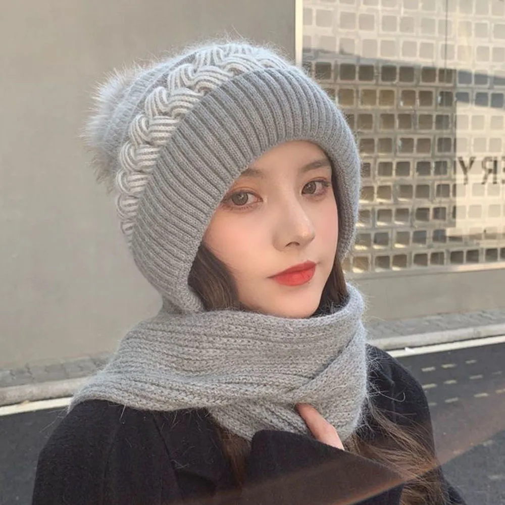 Female Winter Warm Woolen Cap Cycling Ear Protection Padded Cute Cold-proof Neck Cap Hat Scarf All-in-one