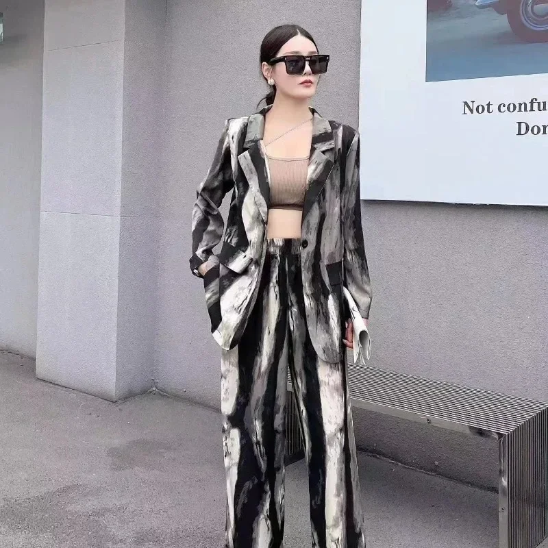 Insozkdg Autumn Ink Style Short Blazer Suit Coat + Wide Leg Pants Set Commuter Vintage Casual Print Blazer Pants Two Piece Sets