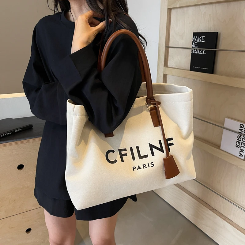 Women's Canvas Bag Commuter Bag Women's Large Capacity Simple Tote Bag New Versatile Casual Shoulder Bag Printed Handbag Large