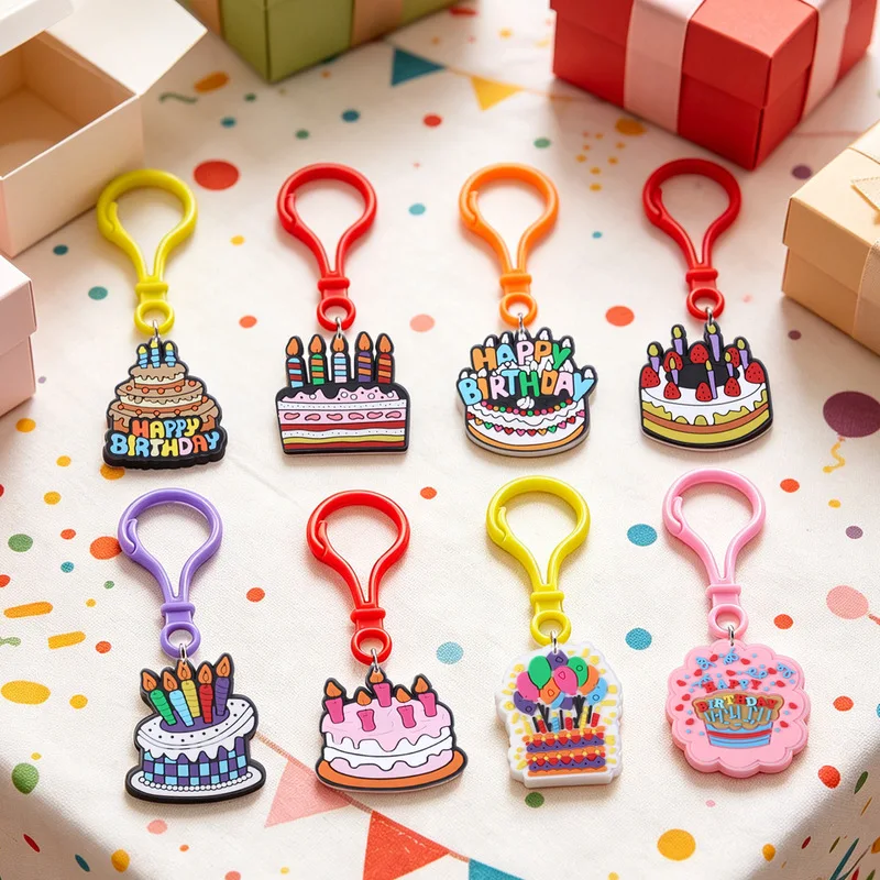 Wholesale  Birthday Cake Keychains Soft PVC Cartoon Cake Pendant Bag Key Rings Party Favors Gifts