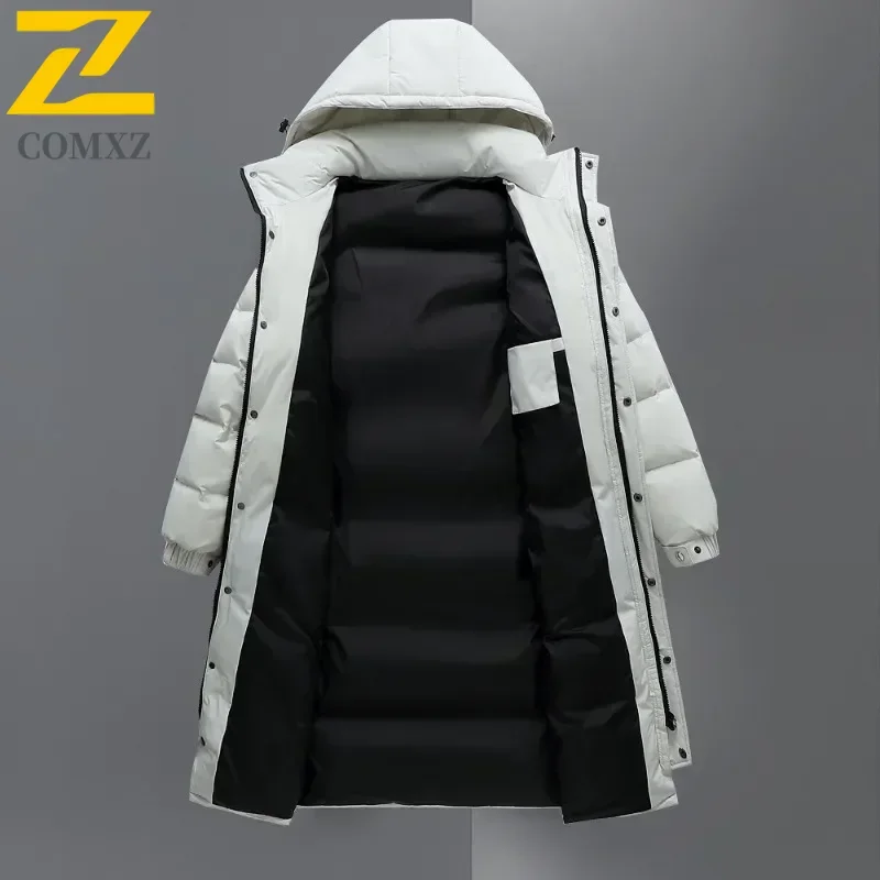 COMXZ Winter Men Long Puffer Jackets Hooded Casual Duck Down Coats Quality Male Snow Windproof Warm Winter Parkas Men Clothing