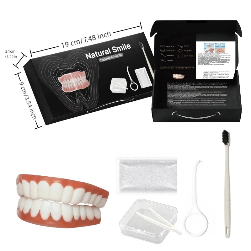 Komplettes Vollmundprothesen-Set mit Aufbewahrungsbox, Zahnbürste & Entnahmehaken - Weiche Silikon-Unterlage für bequemen Sitz der künstlichen Zähne – Detail 8