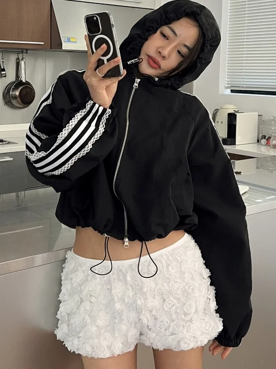 

Lace Trim Double Bar Coat Jaet Women's Hooded Sweet Dstring Waist ort Length Sunscreen Top Trendy Commute Sle Polyester