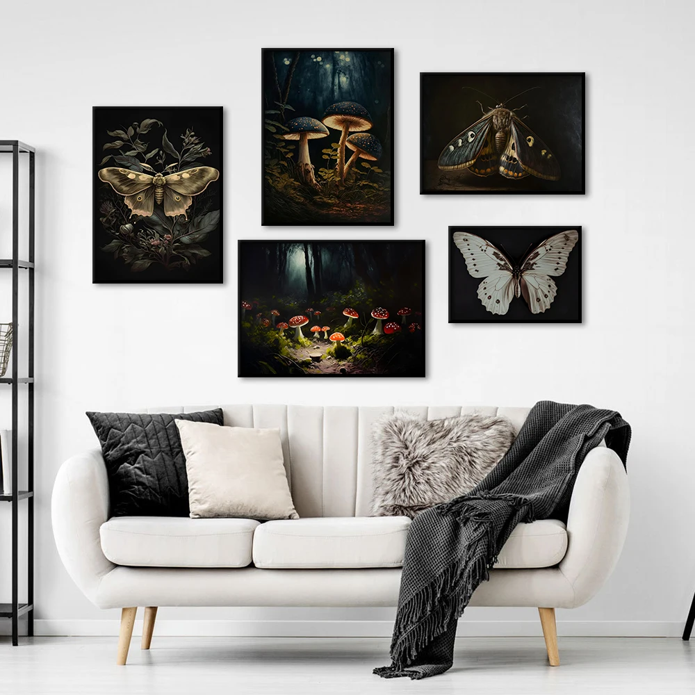 

Vintage Butterfly Moth Mushroom Art Prints Insect Scene Canvas Painting Poster Dark Pictures Living Room Home Wall Decor Cuadros