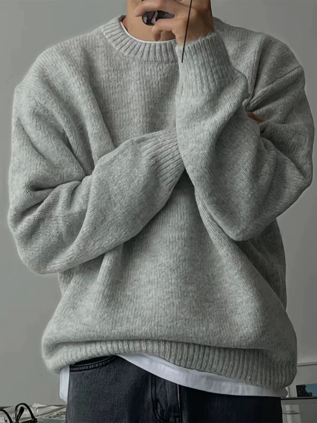 Light Grey round Neck Knitwear Men's Autumn Casual Loose Comfortable Warm Inner Wear Sweatshirt Soft Pure Color Long Sleeve