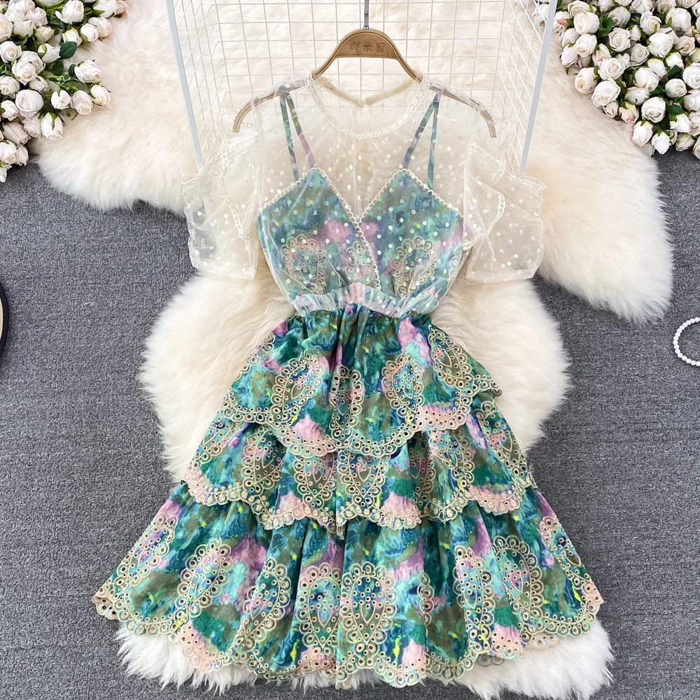 Chic Luxury O-Neck Mesh Stitch A-line Dress Women Waist Show Thin Hollow Embroidery Print  Dress Summer Girl Vintage Retro Dress