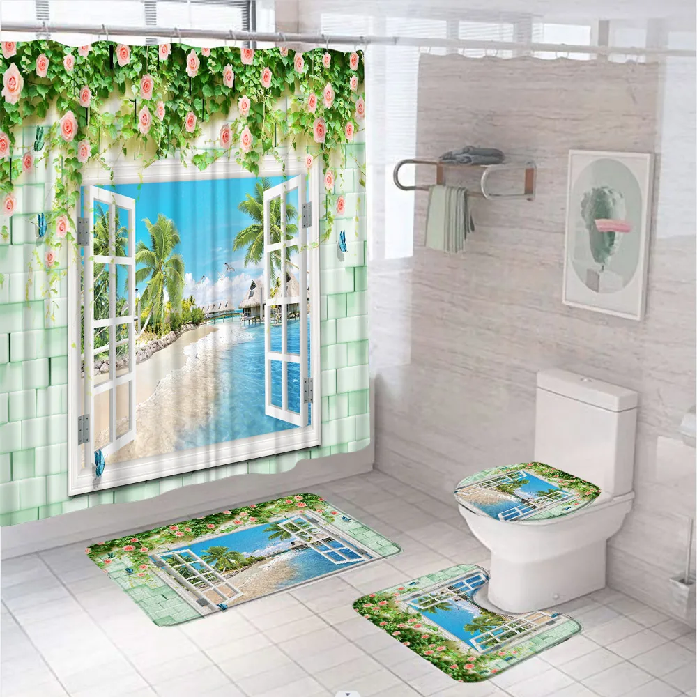 

Natural Scenery Beach Palm Trees Shower Curtain Set Blue Ocean Rose Wall Window Bathroom Curtains Bath Mat Rug Lid Toilet Cover