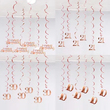 6Pcs/lot Happy Birthday Swirls Decoration 16 20 21 30 40 50 60 70 Years Rose Gold PVC Birthday Party Decorations Supplies