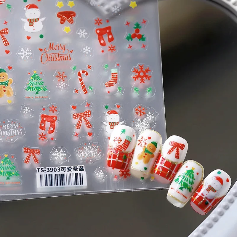 Lovely Cartoon Snowman Gingerbread Man Christmas Tree Bowknot Snow 3D Self Adhesive Nail Art Stickers Xmas Cute Manicure Decals