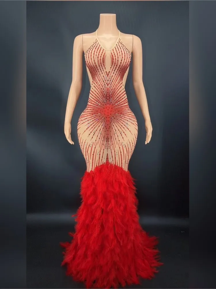 

Full Rhinestone Mesh Feather Sling Long Dress Show Birthday Party Nightclub Bar Performance Costume