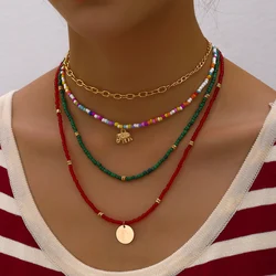 Bohemian Multilayer Handmade Beads Chain Fashion Necklaces Sheet Elephant Pendant Jewelry For Women Valentine's Gift X0210