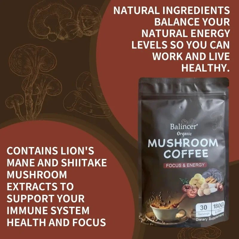 Organic Mushroom Coffee - LION\'S MANE, Shiitake, Cordyceps, Supports Immune, Focus, Concentration, Stress, Digestion & Energy