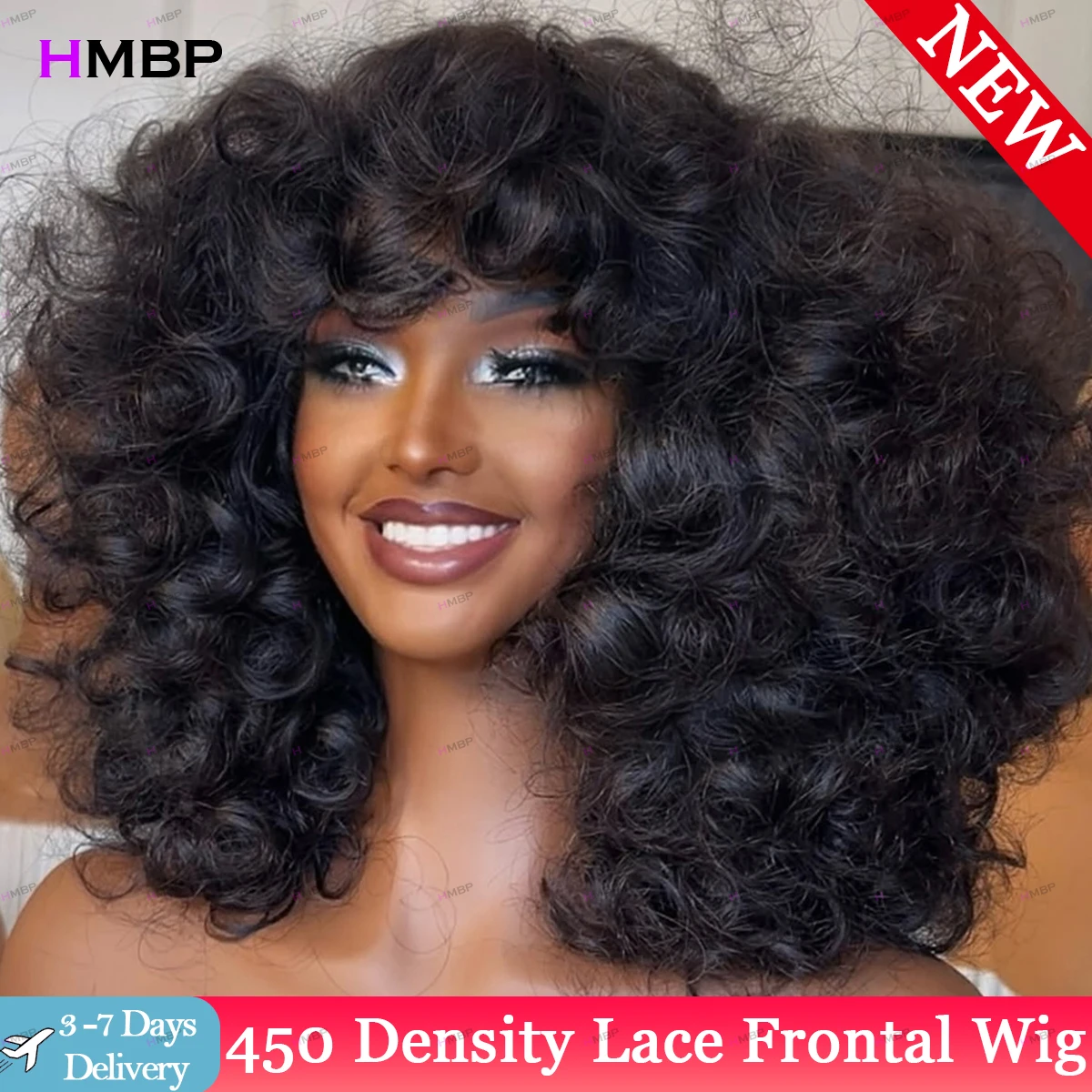 

Парик из натуральных волос с кудрями и челкой, плотность 450, без клея, с HD-кружевом 13×6/360, предварительно вычесанные волосы, парик с закрытием 4x4