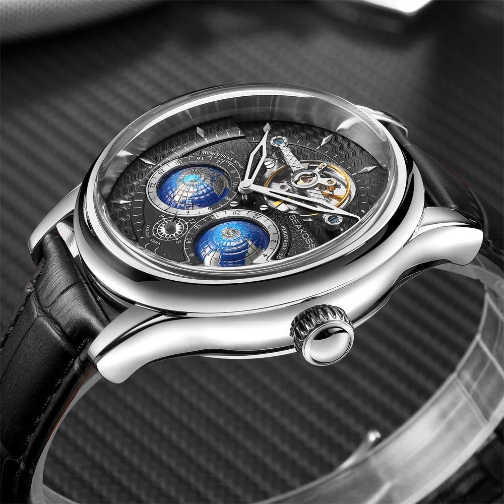 SEAKOSS ผู้ชายนาฬิกาอัตโนมัตินาฬิกาชาย 3D Dual Earth หมุนกันน้ํานักบิน 1963 Flywheel นาฬิกาข้อมือ