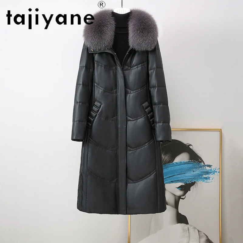 

Tajiyane Real Leather Jacket for Women Winter White Duck Down Coat Hooded Fox Fur Collar Warm Long Sheepskin Down Coats Abrigos