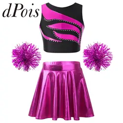 Kids Girls Cheerleading Uniforms Sleeveless Cheer Dance Outfit with Hand Flowers Dancewear Sets Children Cheerleader Costumes