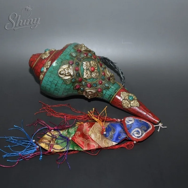 Vintage Tibetan Conch Shell Trumpet Gemstone Inlay Buddhist Ritual Horn with Silk Tassel Antique Religious Ornament Home Decor