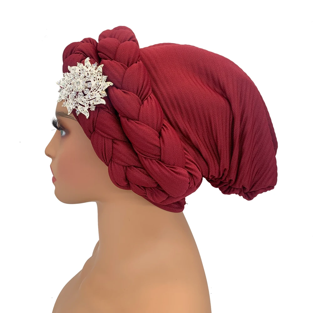 Mulheres Dupla Trança Halo Turbante Cap, Diamantes Flor Deco, Envoltórios de Cabeça Africana, Lenço Macio, Nigéria Bonnet Headtie