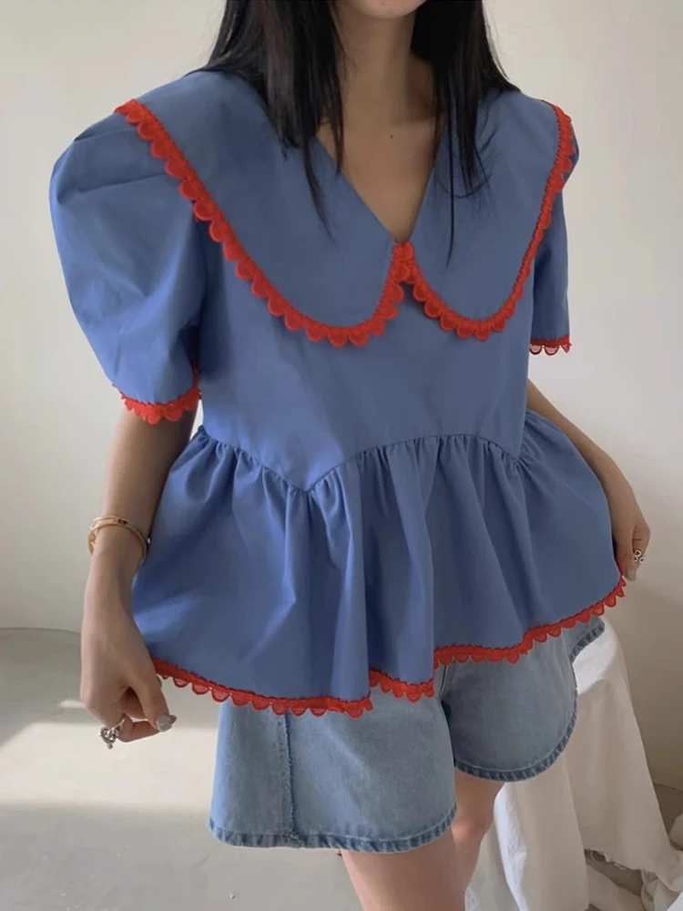 

Sweet Summer New Sle Chic Doll Collar irt Loose Bubble Sve Top Accents Women's Cotton ort Sve irt