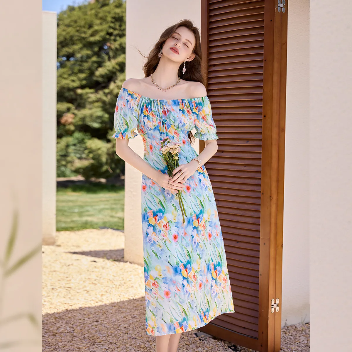 LOUIS YAO Oil Painting Effect Printed  Women’s Dress 2026 Summer French Square Neck Puff Sleeve Waist-Cinched Mermaid Maxi Dress
