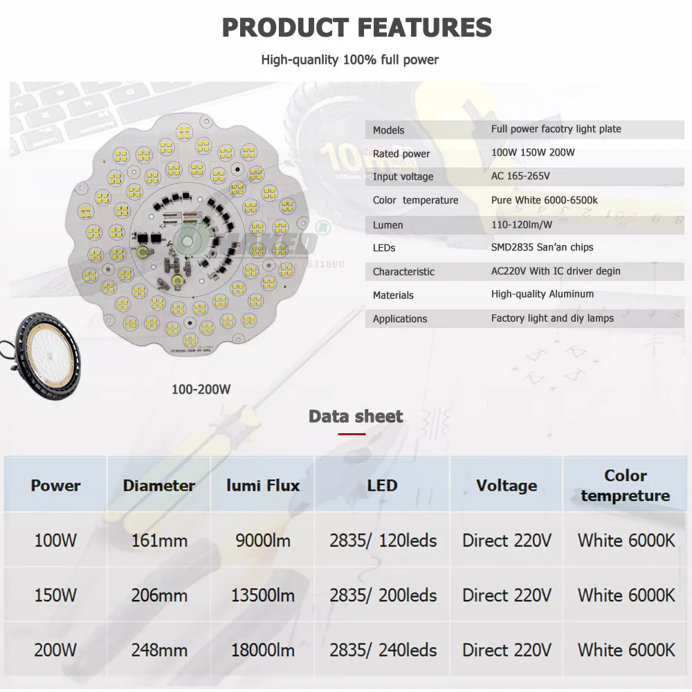 2-10Pcs AC220V UFO Kho Thay Thế Cho Đèn Plate200W Dia248mm 20000LM Đầy Đủ Điện SMD2835 Nguồn Bảng Điều Khiển Cho Công Nghiệp Đèn tự Làm