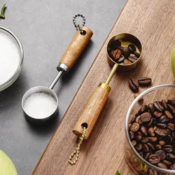 Stainless Steel Measure Spoon with Wood Handle Flat Bottom Rustproof Measuring Cup Portable Hangable Kitchen Measure Tools