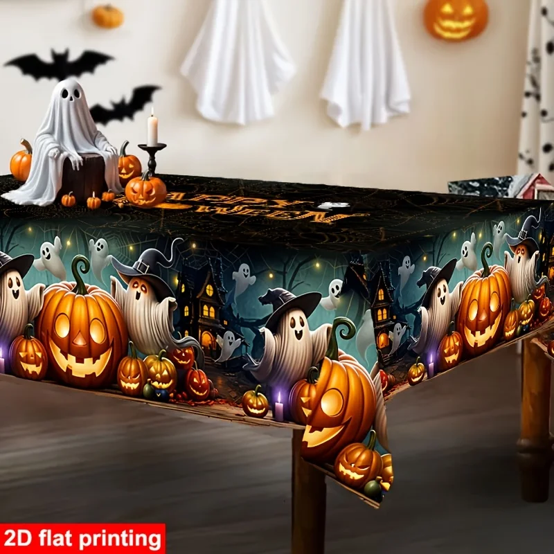 Flat-print Halloween pumpkin ghost tablecloth with spider web haunted house witch hat in dark color