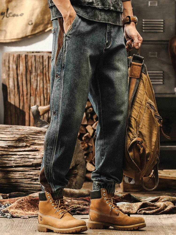 الرجعية الأمريكية Sle الرجال الجينز فضفاضة تناسب المرقعة عمال ربيع الخريف بناطيل كاجوال