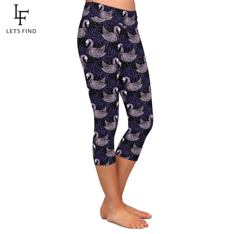 Letsfind Push Up Vrouwen Swan Ontwerp Capri Leggings Zachte Melk Zijde Digital Printing Leggings Hoge Taille Cropped Elastische Broek