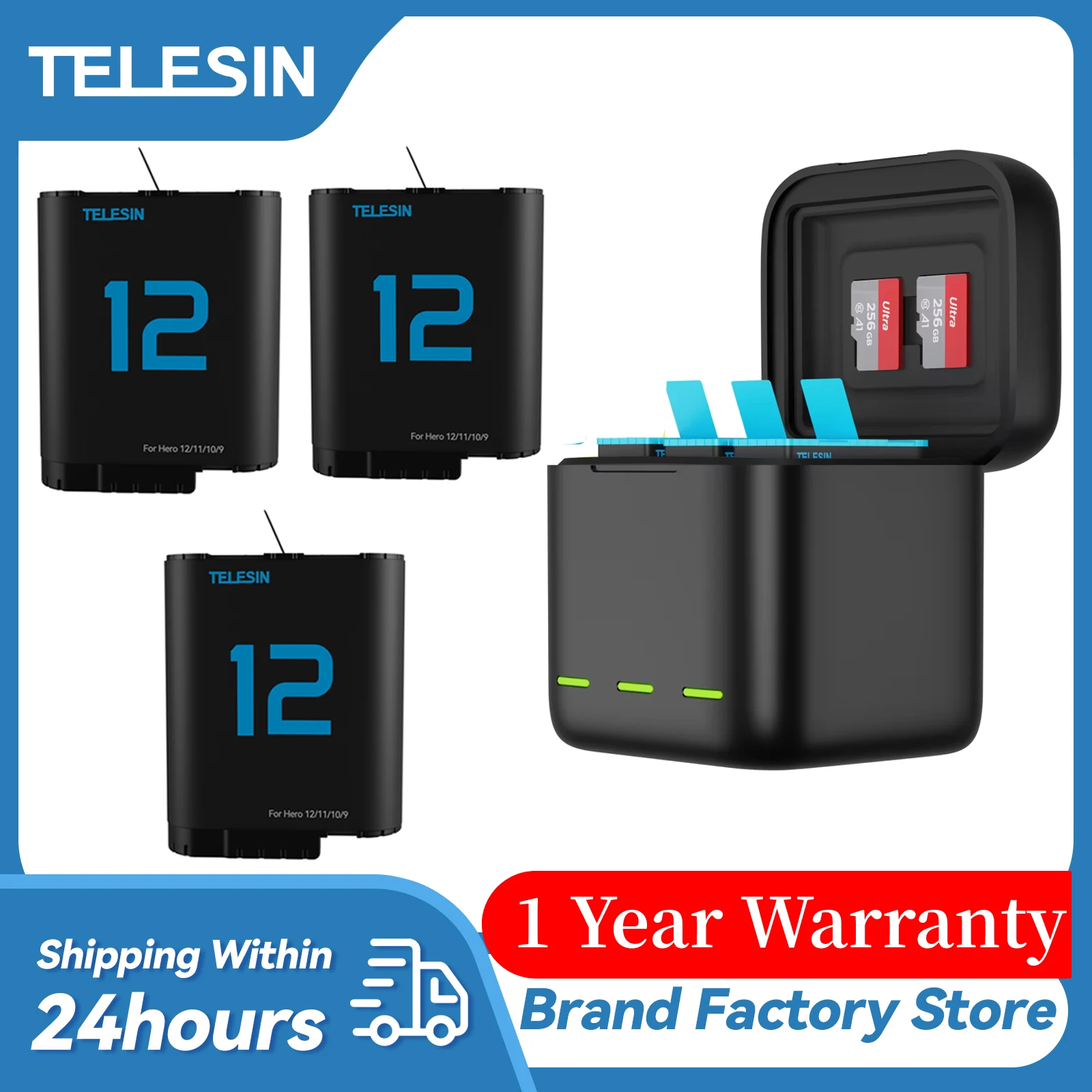 TELESIN 1750mAh Battery Charger For GoPro 12 Hero 12 GoPro11 10 9  with  Storage Fast Charging Charger Action Camera Accessories