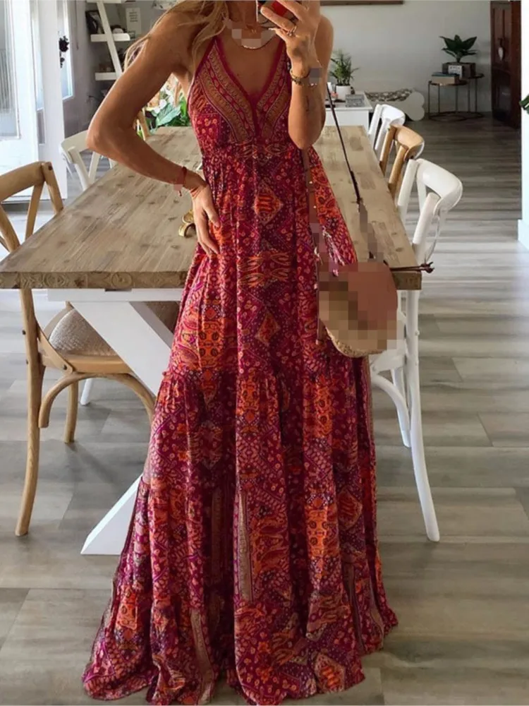

Summer Women's Spaghetti Strap Boho Long Dresses Elegant V Neck Party Vintage Printed Sleeveless Sexy Maxi Beach Dress Vestidos