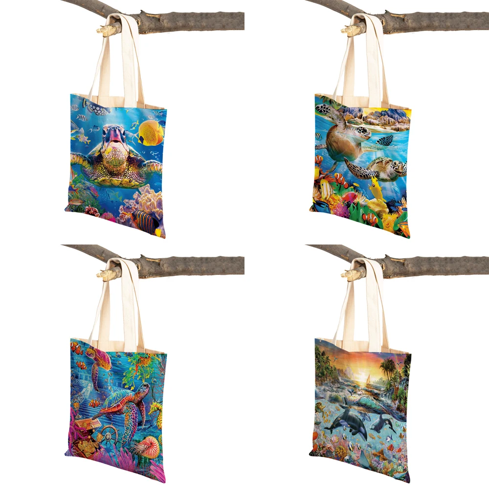 Ocean Landscape Sea Turtle Dolphin Shark Reusable Canvas Student Tote Handbag for Women Lady Foldable Reusable Shopping Bag