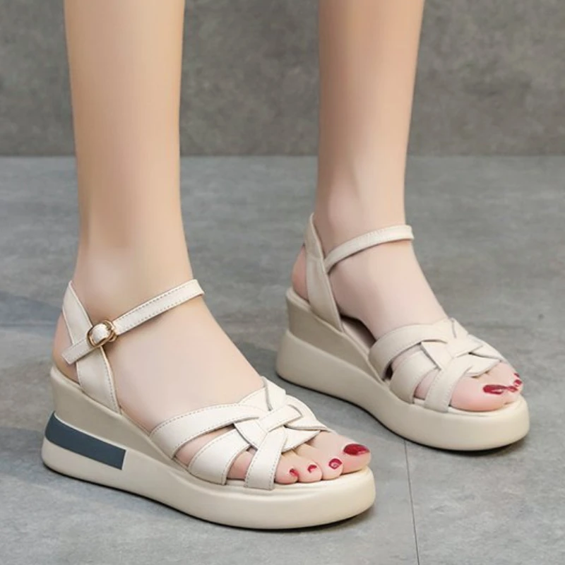 Hollow Buckle Sandals Female Summer Retro Round Head Wedges Roman Shoes Open Toe Casual Walking Slippers Sandalias De Mujer