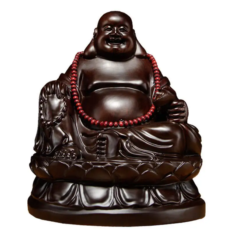 Carved Chinese Ebony Rosewood Laughing Maitreya Buddha Statue Fengshui Ingot Lotus Good Luck Wealth Figure Home Living Room Gift