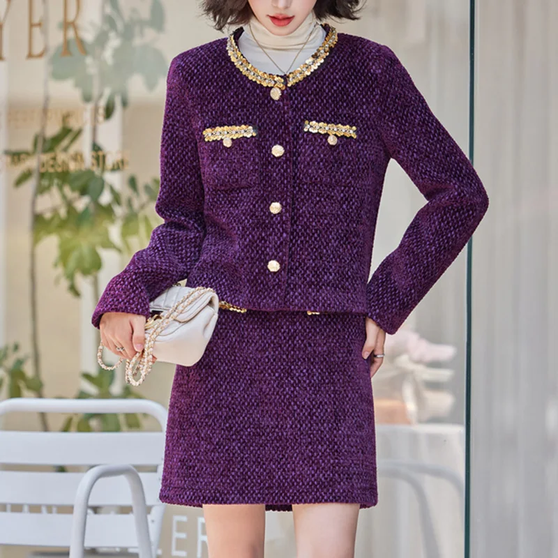 ZJYT Autumn Winter Women\'s Sequined Tweed Woolen Jacket Suit with Skirt 2 Piece Set Elegant Outfit Office Lady Party Dress Sets