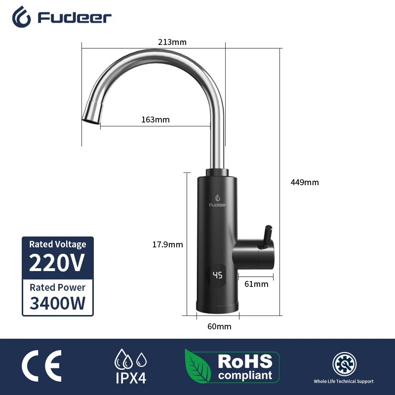 Fudeer 3400W 220V Electric Kitchen Water Heater Tap Instant Hot Stainless Steel Water Faucet Heater Cold Heating Faucet