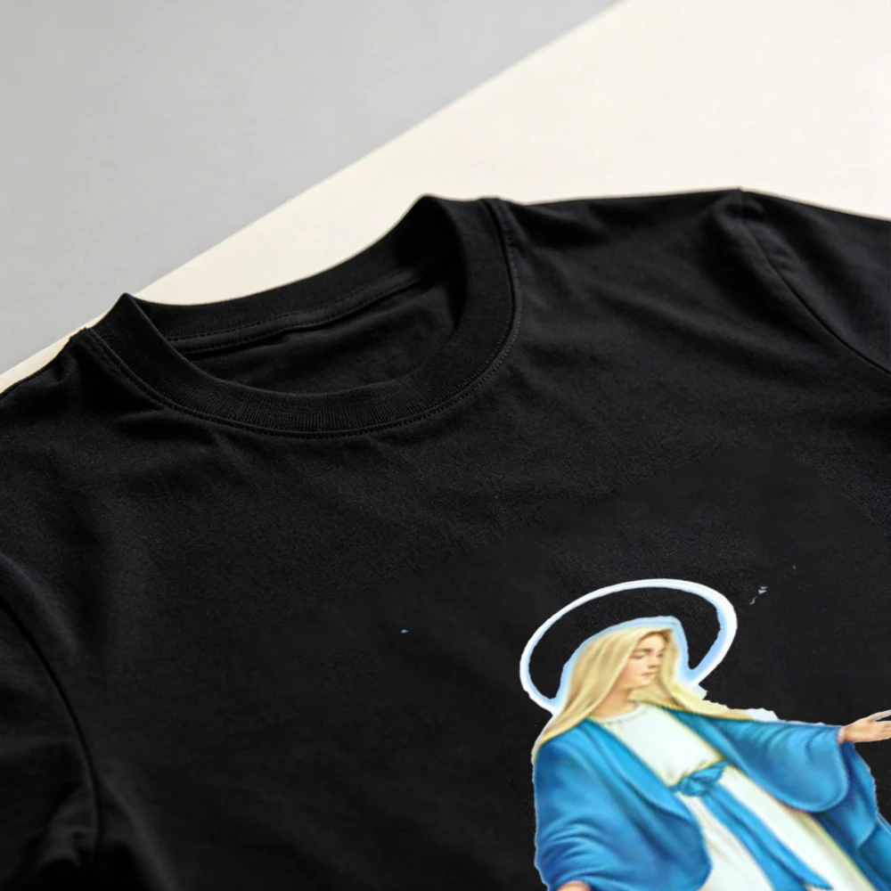 Virgin Mary Mother Graphic T shirts Of Jesus Religious Halo Blue Robe White Gown Circular Cotton Tees Miraculous Portrait Tops