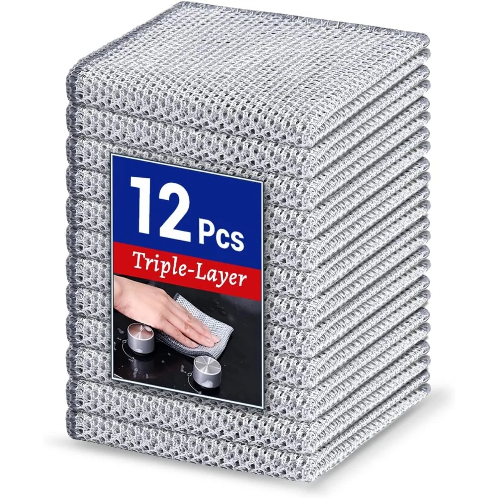 

12 PCS 3-Layer Non-Scratch Multipurpose Steel Wire Dishcloths - Reusable Quick-Dry Odor-Free Scrub Cloths for Dishes, Kitchen